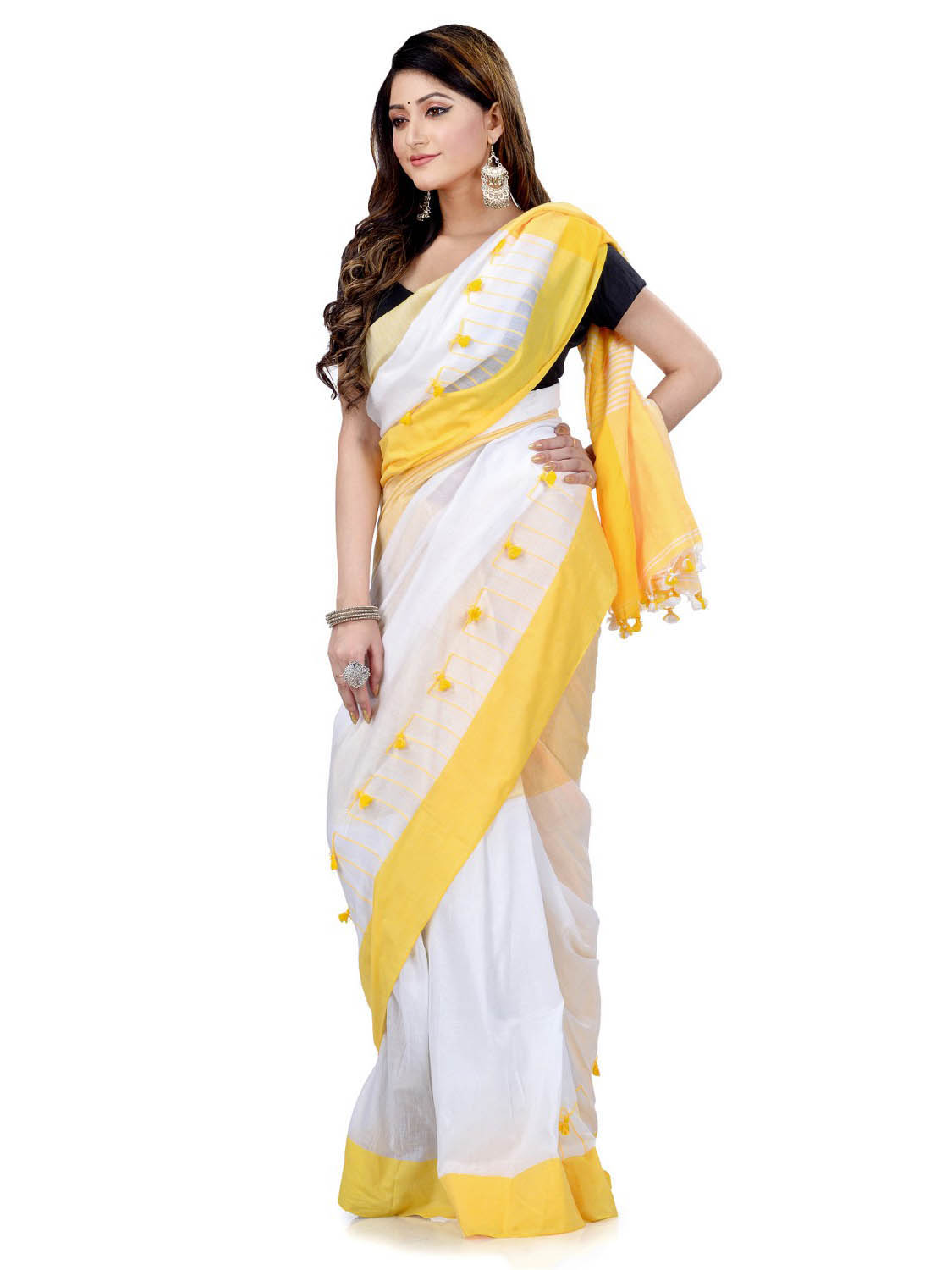 Women`s Traditional Bengali Handloom Tant Pure Cotton Saree Pompom Desigined With Blouse Piece (Yellow White)